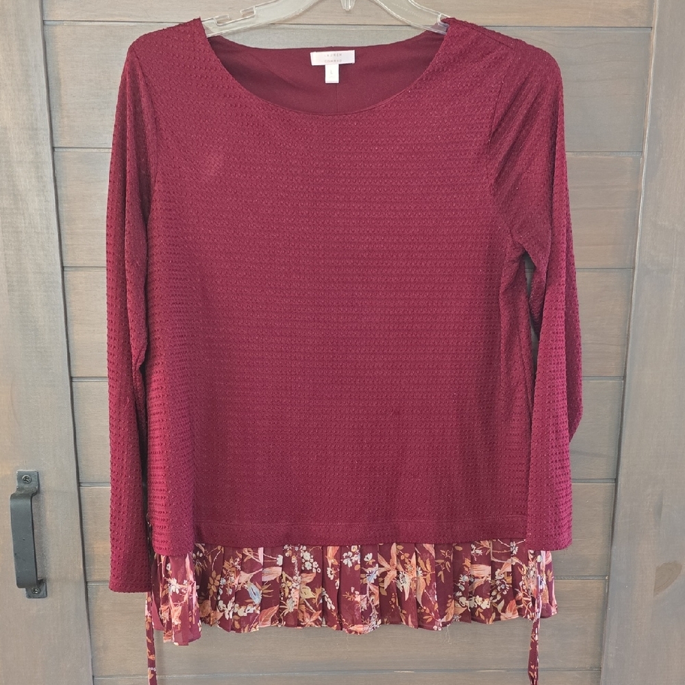 LC Lauren Conrad Maroon Long Sleeve Top with Floral Trim